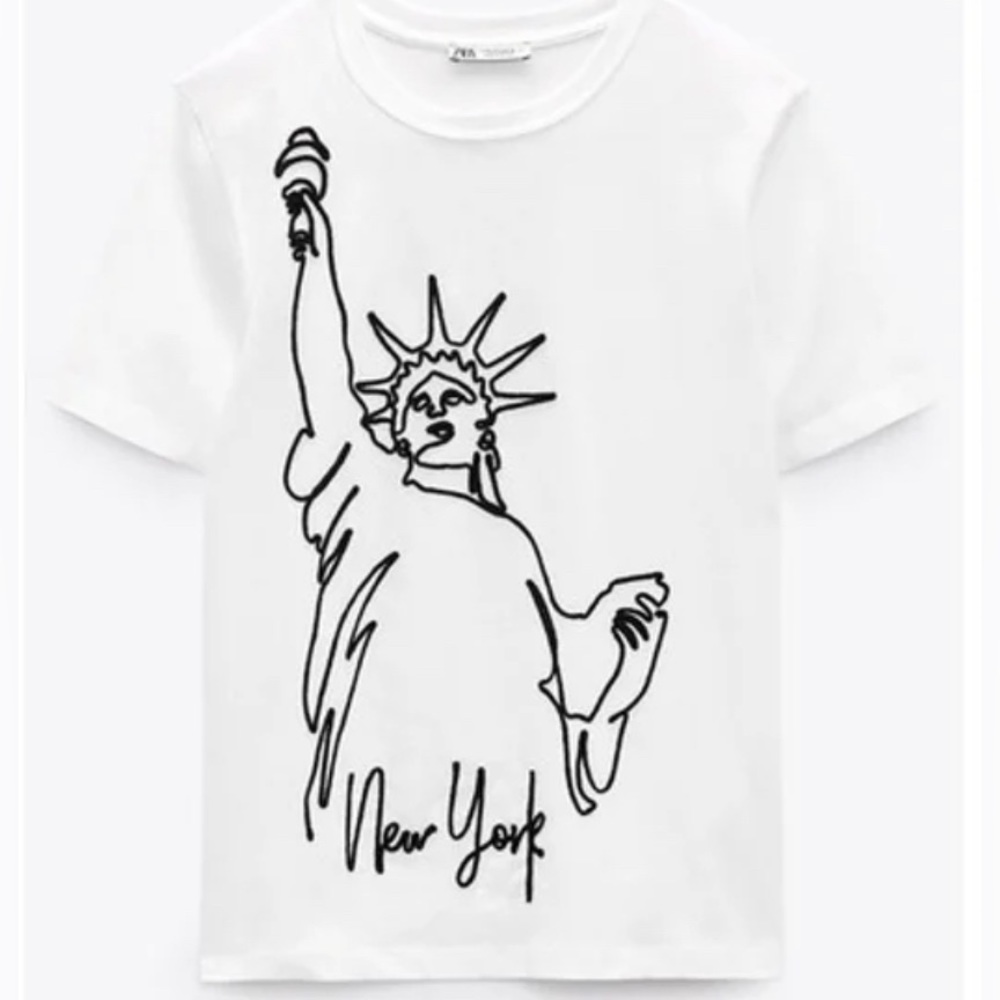 NWT. Zara White Embroidery "Statue of Liberty, New York" T-Shirt. Size S.